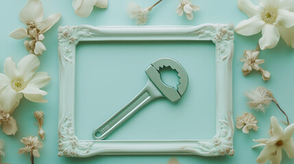 Soft mint green wrench set elegantly displayed inside a delicate frame emphasizing precision and craftsmanship