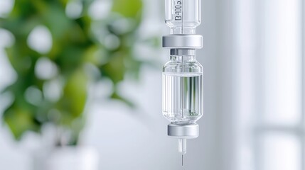 Vaccine vial on syringe, healthcare, green plant background