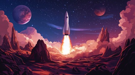 Rocket launching from alien planet at night, fiery trail, planets visible.