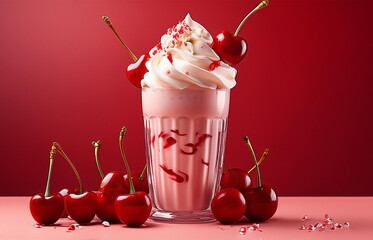 さくらんぼとホイップクリームを飾った美味しいミルクシェイク