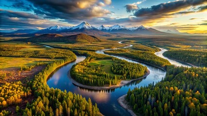 Obraz premium Majestic Northern Ural Mountains: Aerial Panorama from Summit