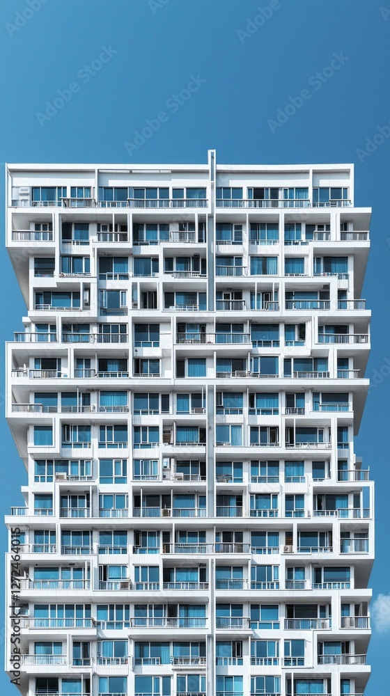 Poster This striking wall of a contemporary building features a unique geometric design with an array of balconies. The vivid blue accents and open spaces contribute to its dynamic urban aesthetic