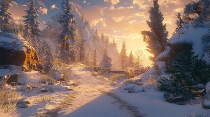 Snowy Mountain Path at Golden Hour Sunset