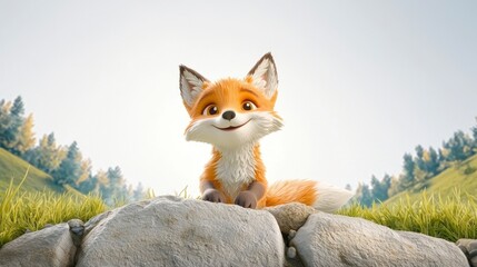 Adorable Cartoon Fox on Rocks  Nature Background  3D Render