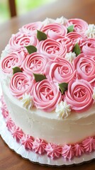 Naklejka premium Beautifully decorated pink rose cake with intricate frosting on a wooden table