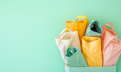 A Selection of Eco-Friendly Shopping Bags Neatly Folded, Promoting Sustainable Lifestyle and Green Choices