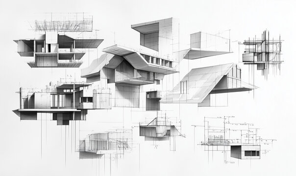Innovative set of blueprints and architectural designs floating for visionary construction and modern design concepts