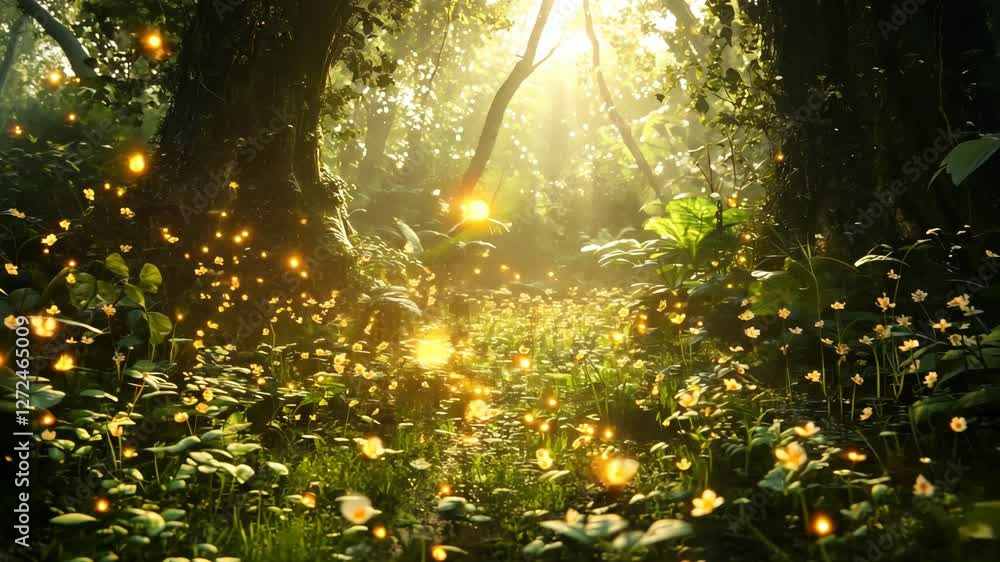 Poster magical forest path illuminated by glowing fireflies and soft sunlight filtering through the trees
