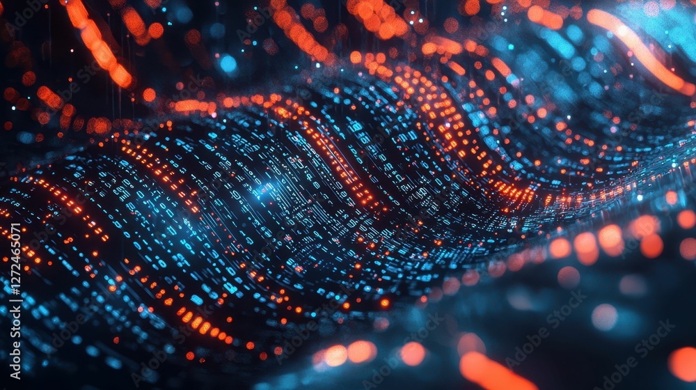 Poster futuristic digital art liquid waves of colorful binary code
