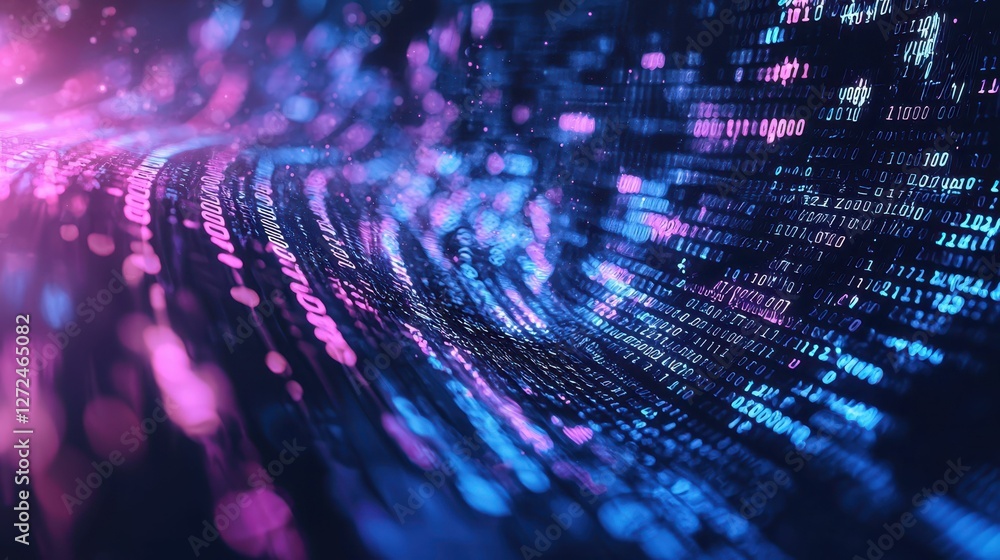 Poster futuristic digital art piece representing liquid binary patterns