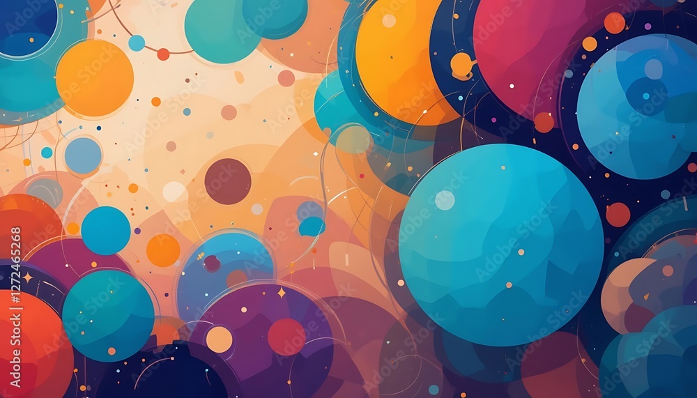 Poster abstract composition with floating spheres and interweaving lines