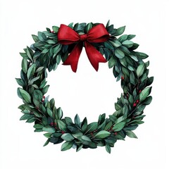 Fototapeta premium Festive Green Leaf Wreath with Red Bow for Holiday Decor
