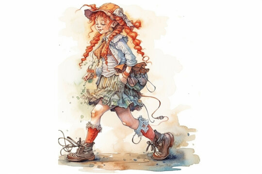 Pippi Longstocking., watercolor style, Generative AI