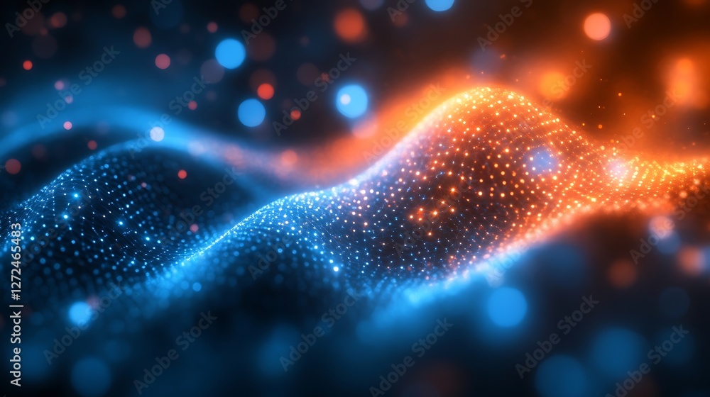 Poster abstract data stream, blue and orange network flow visualization