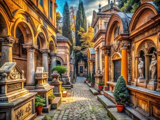 Fototapeta premium Historic Bologna cemetery photographs unveil the evocative Glossators' Tombs, a poignant testament to time.