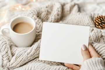 Blank card held in hand, warm knitted blanket, coffee, holiday lights