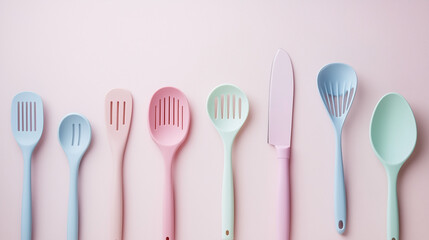 Soft Pastel Kitchen Utensils Like Ladles And Knives, Elegantly Arranged For An Organized, Minimalist Look