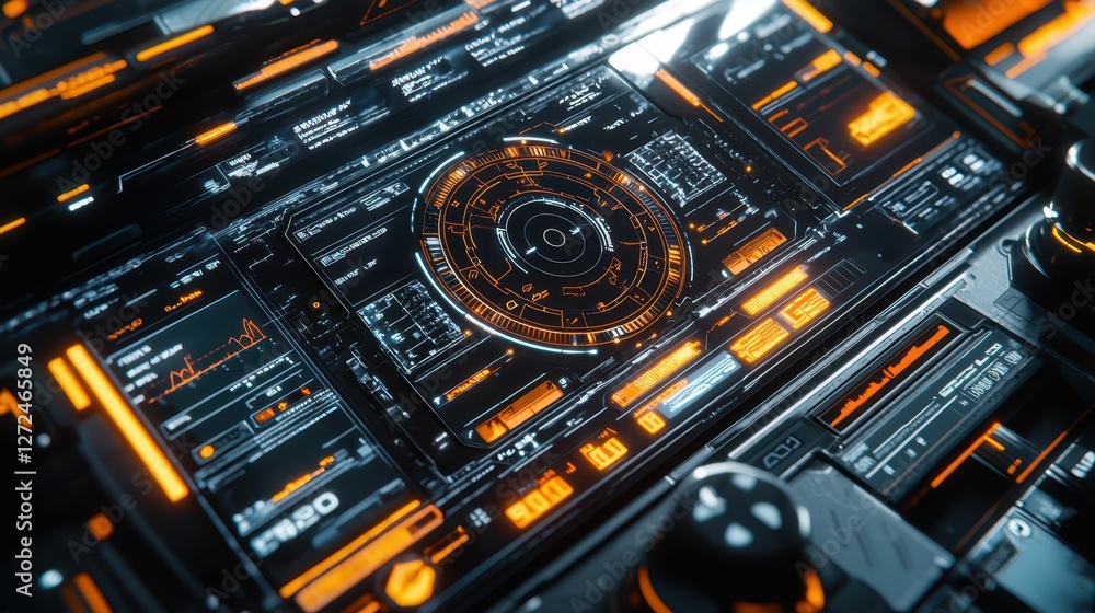 Poster futuristic interface with real-time data display and high-tech elements