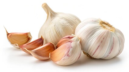 Obraz premium Garlic bulbs with cloves partially exposed isolated on white background