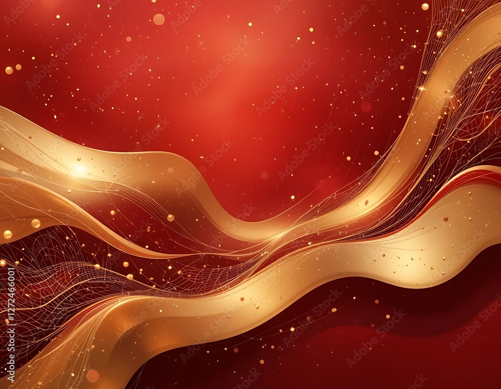 Poster abstract red and gold, elegant waves with sparkling particle accents
