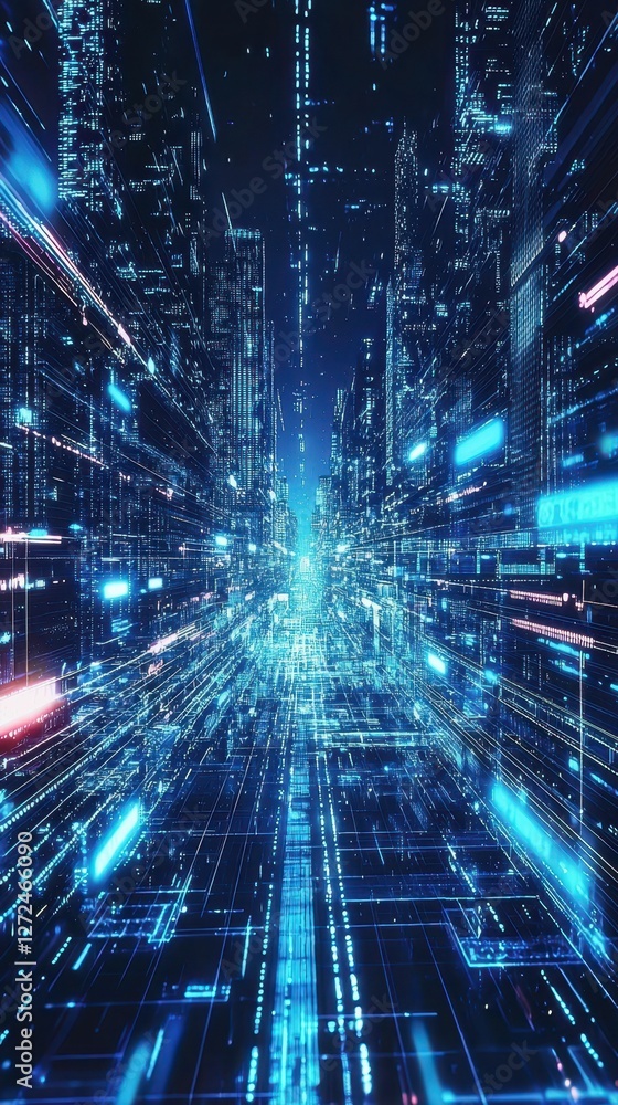 Poster futuristic metropolis with illuminated network in dark environment