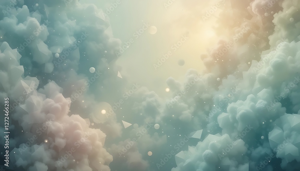 Poster dreamscape geometry, ethereal sky with floating shapes and soft clouds