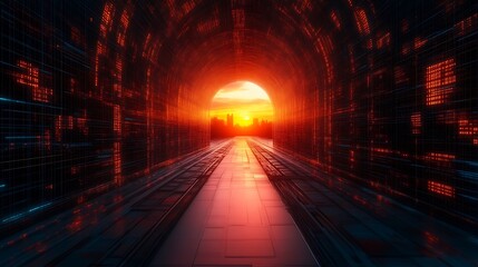 Fototapeta premium Cybernetic Pathway, A Digital Tunnel Leading to a Radiant Urban Horizon
