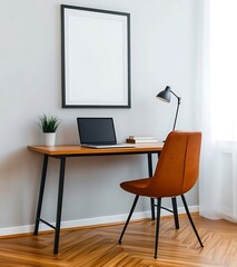 Cozy Modern Workspace with Laptop, Desk Lamp, and Indoor Plant