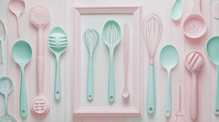 Light pastel-colored ladles and whisks arranged with care, offering a clean and cozy kitchen atmosphere