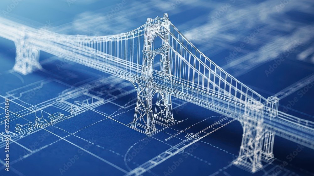 Poster detailed engineering blueprint of a suspended bridge rendering