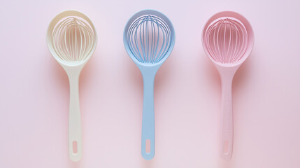 Subtle pastel whisks and strainers framed with a clean border, perfect for kitchen organization