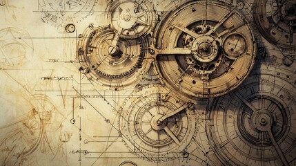 Fototapeta premium Intricate Hand-Drawn Engineering Blueprint with Gears and Diagrams
