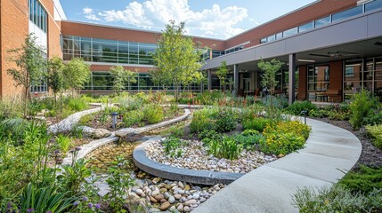 Obraz premium Serene Healing Garden Amidst a Modern Hospital Landscape
