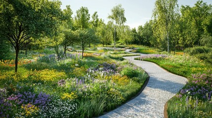 Obraz premium Serene Healing Garden Pathway Surrounded by Lush Flora and Nature