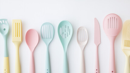Soft pastel-colored kitchen gadgets like spoons and spatulas organized in a clean design