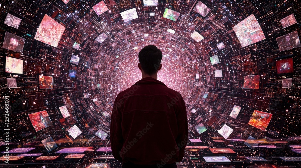 Aufkleber man silhouetted against digital vortex of screens data and information overload