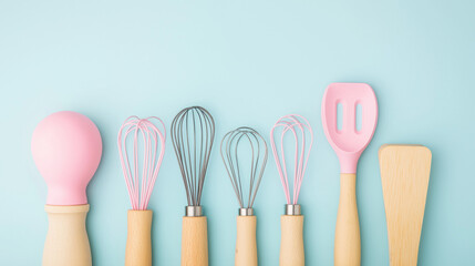 Light pastel rolling pins and whisks framed inside a clean border for a charming kitchen