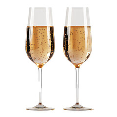 Elegant glasses of champagne with golden bubbles isolated on transparent background 