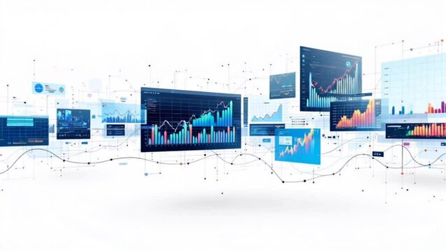 Digital financial dashboards displaying stock market analytics and interactive data visualization. Business technology concept