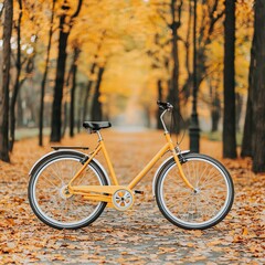 Fototapeta premium Bright yellow bicycle parked on a path surrounded by autumn foliage in a park