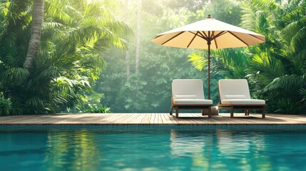 Ultimate vacation resort with sun beds under umbrella, luxury poolside setting, dreamy relaxation spot. No people no text