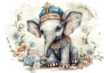 Fototapeta premium Watercolor drawing of a baby elephant. watercolor cartoon style, watercolor style, Generative AI