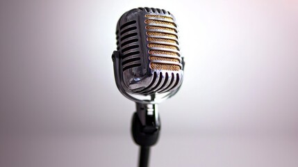 Fototapeta premium Vintage Silver Microphone on Stand Retro Audio Equipment Recording Studio Broadcasting