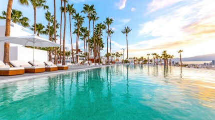 Fototapeta premium Luxurious Resort Pool Palm Trees Sunrise Tropical Getaway Relaxation