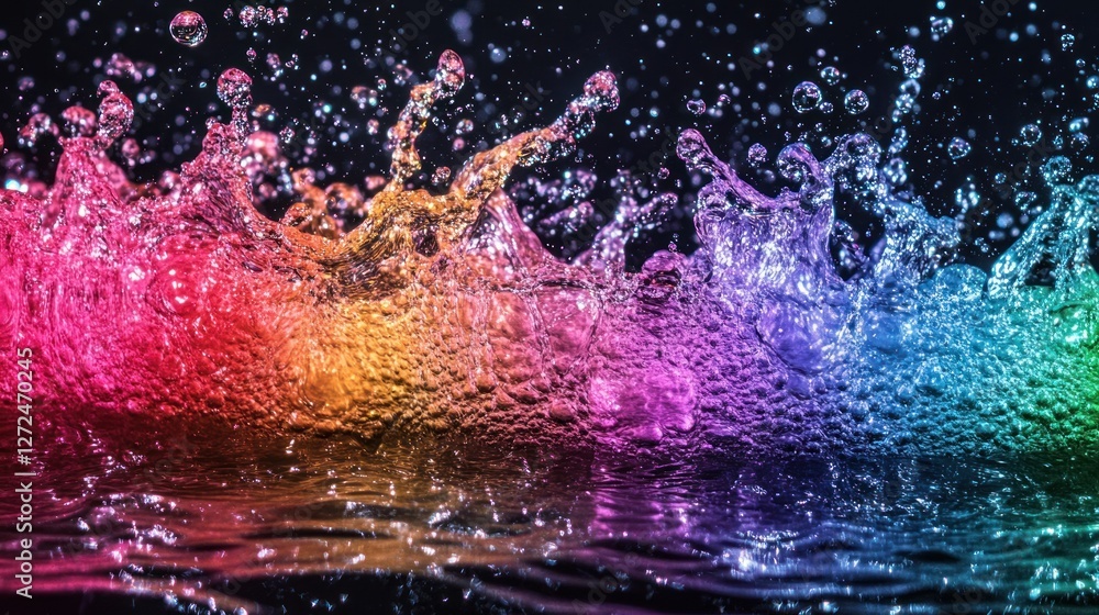 Poster rainbow colored water splashing dynamically