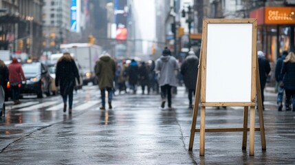 Fototapeta premium Blank White Signboard Amidst Pedestrians on Wet City Streets with Blurred Background