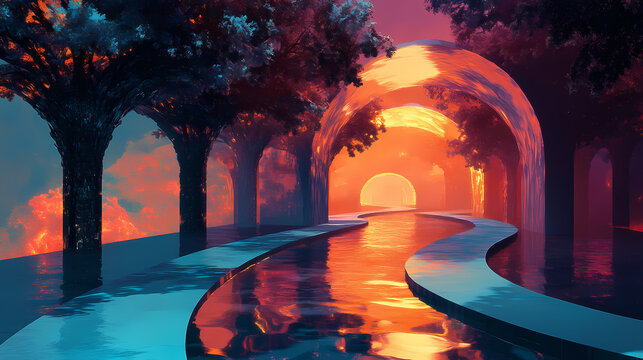 Ethereal dreamscape illuminated pathways and sculptural forms in a surreal, reflective environment. Surreal Glowing Pathways. Illustration