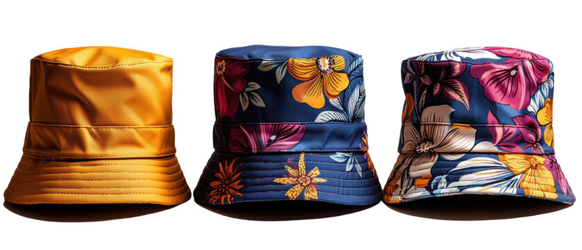 Three vibrant floral bucket hats displayed against a plain background, showcasing unique designs and colors - Powered by Adobe