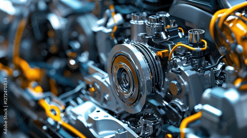 Poster precision engine assembly showcasing high-tech components and design
