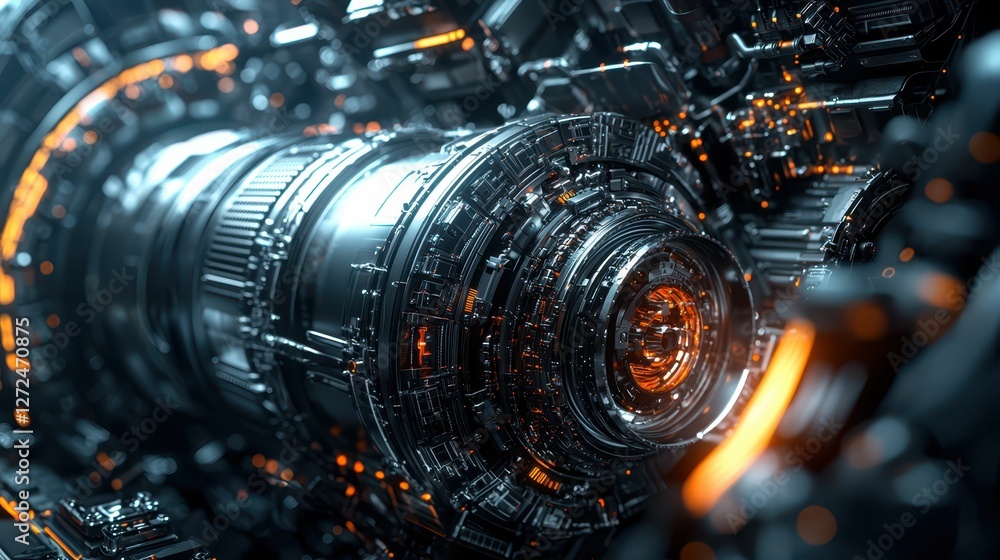 Poster high-tech engine with visible protective layers and dynamic design